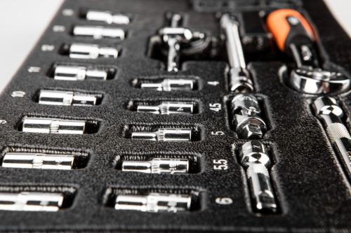 Dugókulcskészlet 1/4", 4-14mm, műhelykocsitálcával, 19db