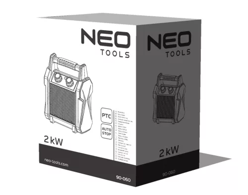 Ipari PTC elektromos kerámia hősugárzó 2 kW, termosztát, levehető fogantyú, borulásvédelem, 139 m3/óra