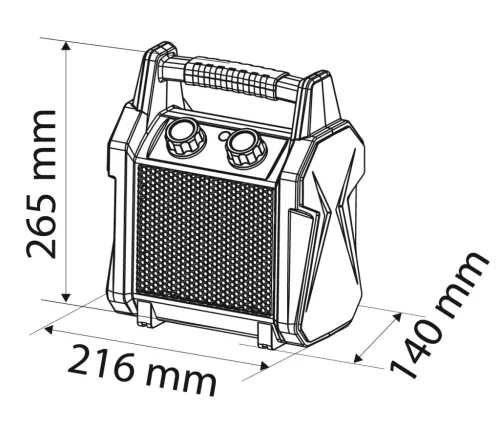 Ipari PTC elektromos kerámia hősugárzó 2 kW, termosztát, levehető fogantyú, borulásvédelem, 139 m3/óra