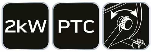 Ipari PTC elektromos kerámia hősugárzó 2 kW, két fokozat, állítható szög, levehető fogantyú, 197 m3/óra