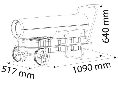 Gázolajos hőlégbefúvó, 50kW, 50L, fogyasztás 4.7L/óra, teljesítmény 1100 m3/óra, kerekekkel