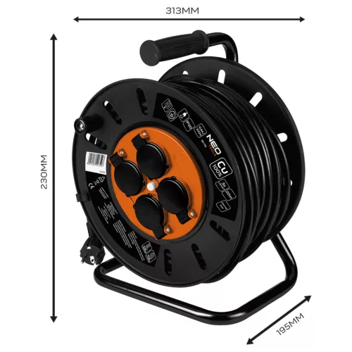 Kábeldob, hosszabbító, 20m/3x1.5mm2 réz kábel, 230V, IP20, hőkioldó, műanyag dob, fém keret 
