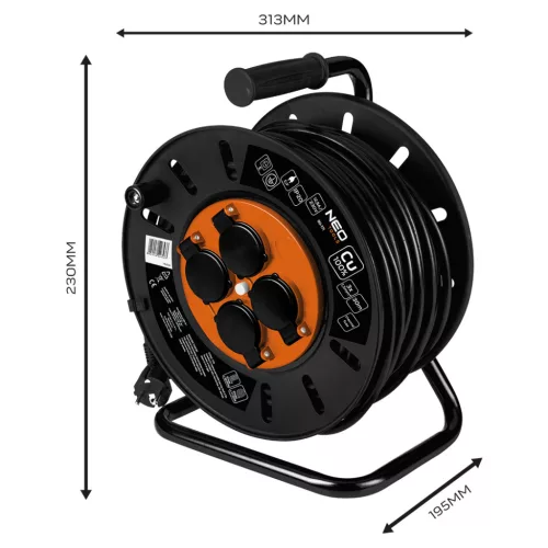 Kábeldob, hosszabbító, 30m/3x1.5mm2 réz kábel, 230V, IP20, hőkioldó, műanyag dob, fém keret 