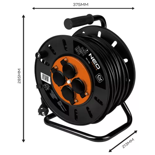 Kábeldob, hosszabbító, 40m/3x1.5mm2 réz kábel, 230V, IP20, hőkioldó, műanyag dob, fém keret 