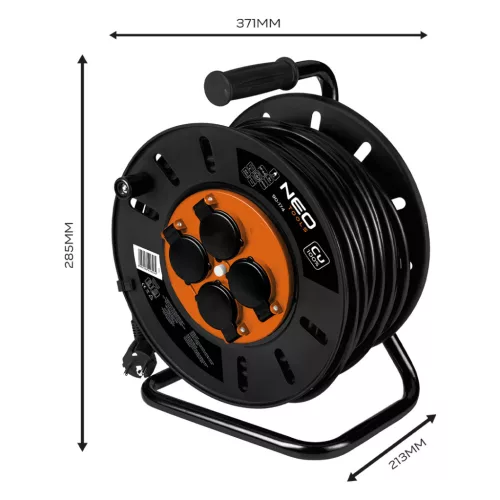 Kábeldob, hosszabbító, 40m/3x2.5mm2 réz kábel, 230V, IP20, hőkioldó, műanyag dob, fém keret 