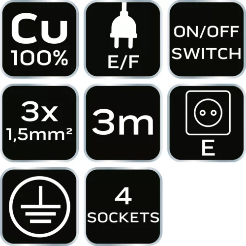 Hálózati elosztó, kapcsolós, 4 aljzat, 3m, 3x1.5mm2 kábel, fekete