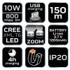 Fejlámpa + zseblámpa 2az1-ben, tölthető USB 800lum CREExML-T6 LED, 10W