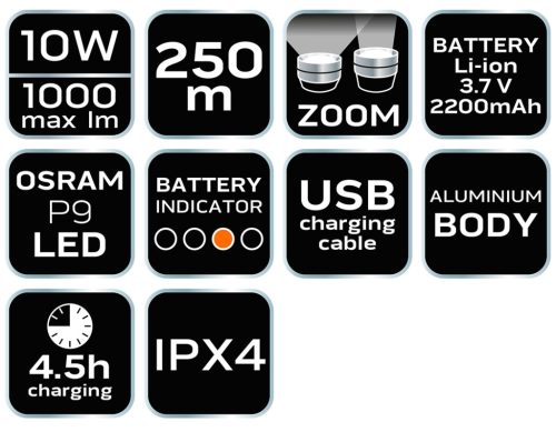 Zseblámpa tölthető, USB, 1000lum, Osram P9 LED, 10W