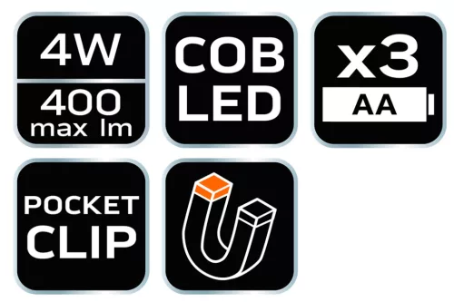 Műhely-vizsgálólámpa, elemes 3xAA, 4W, 400lum COB LED
