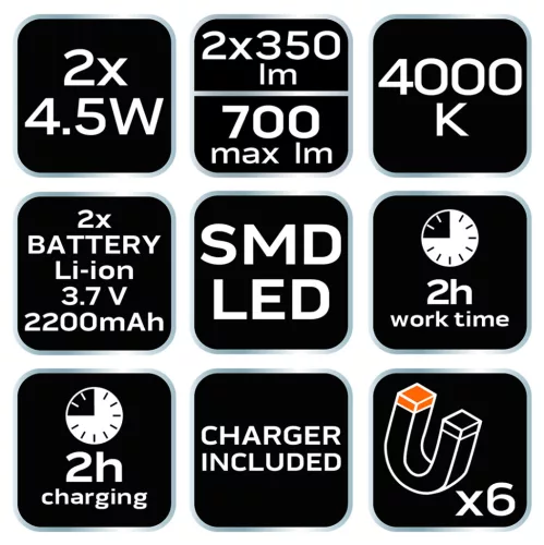 Akkus 2az1-ben szétszedhető műhely-vizsgálólámpa, tölthető, 2x350 lum, SMD LED