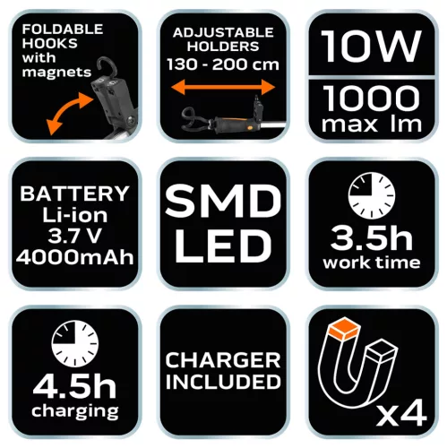 Akkus műhely-vizsgálólámpa motortérbe, tölthető, 1000lum SMD LED, 10W