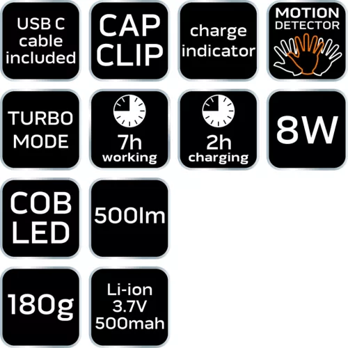 Fejlámpa kínálódobozban, tölthető, mozgásérzékelős, 500lum fényerő, COB LED, rendelési egység: 12db