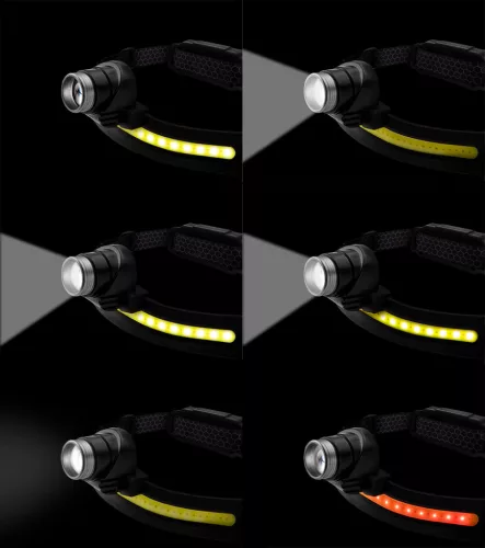 Fejlámpa, XPG+COB LED, 400lum fényerő, abs és gumi pánt, beépített akku, töltéskijelző