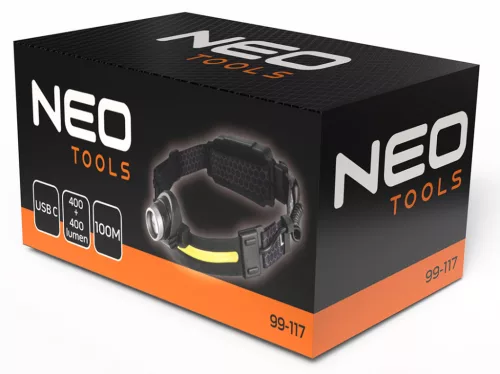 Fejlámpa, XPG+COB LED, 400lum fényerő, abs és gumi pánt, beépített akku, töltéskijelző